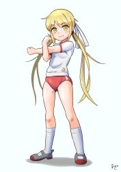 1girl akashieru blonde_hair buruma commentary_request full_body gym_shirt gym_uniform highres kantai_collection long_hair looking_at_viewer low_twintails one-hour_drawing_challenge red_buruma satsuki_(kancolle) shirt shoes simple_background socks solo stretching t-shirt twintails uwabaki white_background white_shirt white_socks yellow_eyes