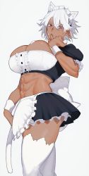 Rule 34 | 1girl, abs, animal ears, apron, breasts, cat day, cat ears, cat girl, cat tail, commentary, cowboy shot, dark-skinned female, dark skin, frills, highres, huge breasts, kaoruko (unkrk55), licking, licking finger, looking at viewer, maid, maid headdress, midriff, muscular, muscular female, navel, original, pointy ears, red eyes, short hair, skirt, solo, tail, thighhighs, white background, white hair, white thighhighs
