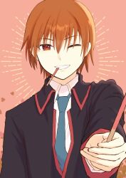 Rule 34 | 1boy, ;d, black jacket, blue necktie, brown eyes, brown hair, collared shirt, commentary request, emphasis lines, eyes visible through hair, food, food in mouth, grin, hair between eyes, heart, highres, holding, holding food, holding pocky, jacket, little busters!, little busters! school uniform, long sleeves, looking at viewer, natsume kyousuke, necktie, one eye closed, open mouth, pink background, piyo (kinkooo333), pocky, pocky in mouth, reaching, reaching towards viewer, school uniform, shirt, short hair, simple background, smile, solo, straight-on, tsurime, upper body, white shirt