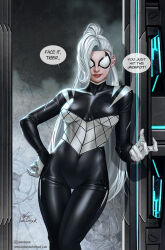 Rule 34 | 1girl, black bodysuit, bodysuit, english text, felicia hardy, hand on own hip, highres, in-hyuk lee, indoors, long hair, marvel, night-spider, ponytail, signature, speech bubble, spider-man (series), spider-verse, spider-verse (comics), standing, white hair