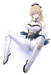Rule 34 | 1girl, arm support, bare shoulders, belt, blonde hair, blue eyes, blue gloves, blush, boots, bow, breasts, cleavage, detached collar, earrings, elbow gloves, full body, genshin impact, gloves, gold trim, hair bow, hair ornament, highres, jean (genshin impact), jewelry, knee boots, large breasts, long hair, looking at viewer, pants, parted lips, ponytail, reflection, shiny skin, shirt, simple background, sitting, skin tight, solo, spread legs, strapless, strapless shirt, white background, white pants, yamiiv