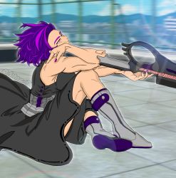 Rule 34 | 1girl, absurdres, animesjt, arm cannon, armpits, artist name, bare shoulders, belt, belted dress, black dress, blue hair, blurry, blurry background, boku no hero academia, boots, breasts, city, cityscape, collarbone, day, dress, expressionless, eyebrows, eyelashes, female focus, from side, full body, gun, hand on own face, highres, knee up, lady nagant, large breasts, looking afar, medium dress, multicolored hair, muscular, muscular arms, muscular female, nail polish, neck, parted bangs, pink eyes, pink hair, pointing weapon, profile, purple nails, rifle, sidelocks, silver footwear, sitting, sky, sleeveless, sleeveless dress, sniper rifle, sunlight, turtleneck, turtleneck dress, two-tone hair, utility belt, weapon