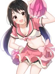 Rule 34 | 1girl, :d, bad id, bad pixiv id, black hair, blush, bow, bowtie, breasts, brown eyes, cheerleader, cleavage, collarbone, collared shirt, commentary request, crop top, hair bow, hand on own hip, hand up, highres, idolmaster, idolmaster cinderella girls, layered skirt, leaning forward, legs apart, long hair, looking at viewer, low twintails, medium breasts, midriff, miniskirt, nakano yuka, navel, open mouth, pink bow, pink bowtie, pink shirt, pink skirt, pom pom (cheerleading), satoimo chika, shirt, short sleeves, sidelocks, simple background, skirt, smile, solo, standing, stomach, sweat, twintails, white background