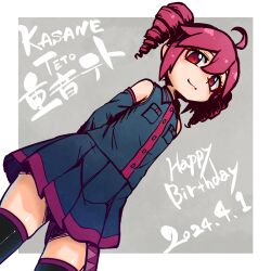 Rule 34 | 1girl, ahoge, arms behind back, black skirt, black sleeves, border, character name, closed mouth, collared shirt, commentary request, cowboy shot, dated, detached sleeves, drill hair, dutch angle, grey background, happy birthday, highres, kasane teto, kuron (uhhr2odhrppc5nw), light blush, looking at viewer, miniskirt, outside border, pleated skirt, red eyes, red hair, shirt, short hair, sidelocks, simple background, skirt, sleeveless, sleeveless shirt, smile, solo, thighhighs, translation request, twin drills, utau, white border, zettai ryouiki