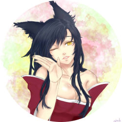 Rule 34 | 1girl, absurdres, ahri (league of legends), animal ears, blue hair, breasts, detached sleeves, facial mark, fox ears, highres, korean clothes, large breasts, league of legends, long hair, looking at viewer, off shoulder, one eye closed, parted lips, slit pupils, solo, upper body, whisker markings, yellow eyes