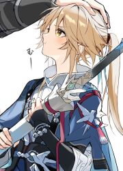 Rule 34 | :t, blonde hair, blue sleeves, chinese clothes, closed mouth, holding, holding sword, holding weapon, honkai: star rail, honkai (series), jian (weapon), looking at another, looking up, male focus, ponytail, simple background, sword, torichiri2, weapon, white background, yanqing (honkai: star rail), yellow eyes