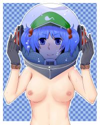 Rule 34 | 1girl, bad id, bad pixiv id, blue eyes, blue hair, breasts, breasts apart, checkered background, female focus, gloves, hair bobbles, hair ornament, helmet, iko (kingreia), kawashiro nitori, kingreia, matching hair/eyes, medium breasts, nipples, nude, solo, sweat, topless frame, touhou, twintails, two side up, upper body