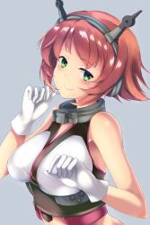 Rule 34 | 10s, 1girl, bare shoulders, breasts, brown hair, gloves, green eyes, grey background, hairband, headband, headgear, highres, kantai collection, large breasts, midriff, mutsu (kancolle), pixcel, radio antenna, short hair, solo, upper body, white gloves