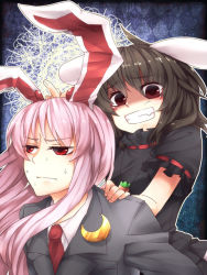 Rule 34 | 2girls, alternate color, animal ears, bad id, bad pixiv id, blazer, blush, brown hair, carrot, carrot necklace, crescent moon, dress, dress shirt, evil grin, evil smile, female focus, grin, inaba tewi, jacket, jewelry, long hair, middle finger, moon, multiple girls, necklace, necktie, pendant, purple hair, rabbit ears, red eyes, red necktie, reisen udongein inaba, sayuma, shirt, short hair, smile, sweat, touhou