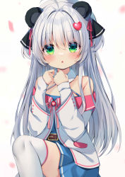 Rule 34 | 1girl, :o, absurdres, ahoge, animal ears, bare shoulders, belt, belt buckle, blue dress, blush, brown belt, buckle, dress, feet out of frame, green eyes, grey background, hair between eyes, hair intakes, hair ornament, halterneck, hands up, heart, heart hair ornament, highres, ikazu401, jacket, layered sleeves, long sleeves, looking at viewer, off-shoulder jacket, off shoulder, original, parted lips, silver hair, simple background, sleeves past wrists, solo, thighhighs, white jacket, white thighhighs