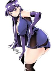 Rule 34 | 1girl, artist name, bare shoulders, black panties, black thighhighs, blue dress, breasts, closed mouth, dress, elbow gloves, gloves, hand on own hip, hand on own knee, komi-san wa komyushou desu, komi shouko, large breasts, long hair, looking back, panties, purple eyes, purple gloves, purple hair, relaxjon, short dress, simple background, solo, thighhighs, thighs, underwear, white background
