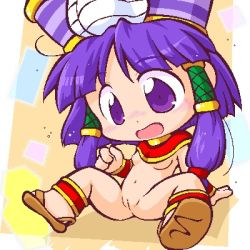 Rule 34 | 1girl, anklet, arm support, blush, bracelet, breasts, chibi, cleft of venus, cleopatra fortune, female focus, hair tubes, hat, jewelry, lowres, natsume, navel, nipples, nude, open mouth, patrako (cleopatra fortune), purple eyes, purple hair, pussy, sandals, shinogo~, shoes, sitting, small breasts, solo, spread legs, taito, uncensored