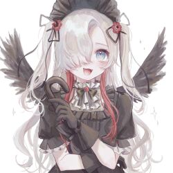 Rule 34 | 1girl, :d, black dress, black gloves, black headdress, black wings, blue eyes, closed umbrella, curly hair, dress, fangs, feathered wings, frilled shirt collar, frills, gloves, gothic lolita, gradient eyes, hair over one eye, headdress, highres, holding, holding umbrella, isekai joucho, juliet sleeves, kamitsubaki studio, lolita fashion, long hair, long sleeves, looking at viewer, multicolored eyes, multicolored hair, open mouth, puffy sleeves, red hair, ria (rian 0210), sidelocks, simple background, smile, solo, streaked hair, two side up, umbrella, virtual youtuber, white background, white hair, wings, yellow eyes