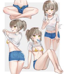 Rule 34 | 1girl, absurdres, ass, back, bare legs, barefoot, bikini, bikini under clothes, blue shorts, blunt bangs, blush, border, breasts, brown hair, character request, cleavage, clothes lift, collarbone, commentary request, commission, food, grey background, highres, huge filesize, hyoin, knees up, lifted by self, looking at viewer, looking back, mouth hold, multiple views, navel, open clothes, open fly, open mouth, open shorts, outside border, pixiv commission, popsicle, shirt, shirt lift, short hair, short ponytail, short shorts, short sleeves, shorts, simple background, sitting, small breasts, sweat, swimsuit, talesshop, tied shirt, undressing, white border, yellow bikini, yellow eyes