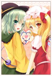 Rule 34 | 2girls, black headwear, blonde hair, blouse, blush, border, bow, closed mouth, collared shirt, cowboy shot, crystal, flandre scarlet, frilled shirt collar, frilled sleeves, frills, from behind, green eyes, green hair, green skirt, hair between eyes, hair bow, hat, hat ribbon, heart, heart hands, heart hands duo, heart of string, highres, komeiji koishi, light smile, looking at viewer, looking back, medium hair, mob cap, mogupuchi, multiple girls, one side up, open mouth, puffy short sleeves, puffy sleeves, red bow, red eyes, red ribbon, red skirt, red vest, ribbon, ribbon-trimmed headwear, ribbon trim, shirt, short sleeves, skirt, sleeve bow, sleeve ribbon, third eye, touhou, vest, white border, white headwear, white shirt, wide sleeves, wings, yellow shirt