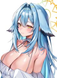 Rule 34 | 1girl, absurdres, armpit crease, bare shoulders, blue hair, blush, bow, bowtie, breasts, cleavage, closed mouth, collarbone, commentary, crossed bangs, english commentary, hair between eyes, hair intakes, halo, head wings, highres, huge breasts, looking at viewer, off shoulder, original, simple background, skindentation, smile, solo, upper body, white background, wings, yellow eyes, yellow halo, yuniiho