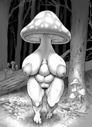 Rule 34 | 1girl, bar censor, breasts, censored, double deck, faceless, forest, fueking, highres, huge breasts, inverted nipples, monochrome, monster girl, moss, mushroom, mushroom girl, nature, no arms, no hands, plant, plump, sexually suggestive, thick thighs, thighs, tree, what