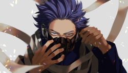 Rule 34 | 1boy, blue eyes, blue hair, blue shirt, boku no hero academia, covered mouth, hands up, long sleeves, looking at viewer, male focus, mask, mkm (mkm storage), mouth mask, purple hair, scarf, shinsou hitoshi, shirt, signature, solo, spiked hair, u.a. gym uniform, upper body, weapon, white scarf