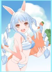 Rule 34 | 1girl, alternate costume, animal ear fluff, animal ears, ass, bare shoulders, bikini, bikini bottom only, blue nails, blue sky, blue stripes, blush, bow, braid, breasts, carrot, carrot hair ornament, cleavage, cloud, day, eyebrows, food-themed hair ornament, hair ornament, highres, holding, hololive, long braid, long hair, looking at viewer, maru yanagi, medium breasts, multicolored hair, nail polish, navel, open mouth, outdoors, rabbit ears, rabbit girl, red eyes, sky, striped bikini, striped bikini bottom, striped clothes, swimsuit, teeth, twin braids, two-tone hair, upper teeth only, usada pekora, v, virtual youtuber, white bow, white stripes