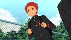 Rule 34 | 1boy, bacchikoi!, backpack, bag, blue sky, buttons, chain-link fence, closed mouth, cloud, collaboration, fence, game cg, kanada toshu, male focus, mazjojo, mikkoukun, non-web source, red eyes, red hair, school uniform, short hair, sky, smile, solo, tree, upper body, variant set, zamius
