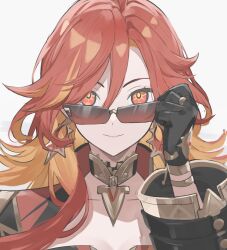 1girl adjusting_eyewear black_gloves colored_inner_hair commentary earrings genshin_impact gloves grey_background hand_up highres jewelry long_hair looking_at_viewer mavuika_(genshin_impact) multicolored_hair orange_eyes orange_hair portrait red_hair smile solo sunglasses younomiti