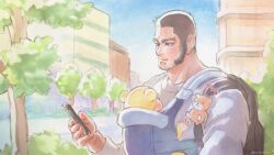 Rule 34 | 1boy, 1other, baby carrier, beard, black hair, buzz cut, child, city, facial hair, fatherly, from side, golden kamuy, male focus, mature male, nopinzo, short hair, sideburns, solo focus, stubble, stuffed animal, stuffed toy, tanigaki genjirou, teddy bear, thick eyebrows, tree, very short hair