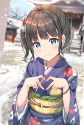 Rule 34 | 1girl, black hair, blue eyes, blue kimono, blurry, blurry background, blush, closed mouth, commentary request, day, depth of field, floral print, furisode, hands up, heart, heart hands, japanese clothes, keiran (ryo170), kimono, long sleeves, looking at viewer, nengajou, new year, obi, original, outdoors, print kimono, sash, side ponytail, smile, snow, solo, stairs, stone stairs, wide sleeves