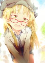 Rule 34 | 1girl, :d, blonde hair, blue necktie, blue shorts, blue sky, blurry, blurry foreground, blush, cabbie hat, collared shirt, commentary request, day, depth of field, fangs, glasses, gomennasai, green eyes, grey hat, hat, head tilt, idolmaster, idolmaster cinderella girls, jougasaki rika, long hair, long sleeves, looking over eyewear, necktie, open mouth, outdoors, red-framed eyewear, shirt, short shorts, shorts, sitting, sky, smile, solo, star (symbol), sunlight, v arms, very long hair, white shirt