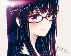 Rule 34 | 1girl, black-framed eyewear, black hair, blush, character name, closed mouth, commentary request, copyright name, flower, glasses, himawari-san, himawari-san (character), lips, long hair, looking at viewer, pink lips, portrait, purple eyes, signature, simple background, smile, solo, sugano manami, white background