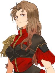 Rule 34 | 1girl, armor, brown eyes, brown hair, closed mouth, gensou suikoden, gensou suikoden i, long hair, looking at viewer, simple background, smile, solo, valeria (suikoden), white background