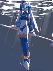 Rule 34 | 1girl, android, blue eyes, bodysuit, breasts, closed mouth, full body, gloves, glowing, glowing eyes, helmet, highres, holding, holding weapon, fairy leviathan (mega man), looking at viewer, medium breasts, mega man (series), mega man zero (series), polearm, simple background, solo, thighhighs, vani (hisha 04), weapon, white background, white bodysuit