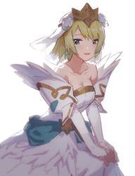 Rule 34 | 1girl, blonde hair, blue eyes, breasts, bride, cleavage, crown, dress, earrings, feather trim, fire emblem, fire emblem heroes, fjorm (fire emblem), flower, hair flower, hair ornament, highres, jewelry, nintendo, parted lips, short hair, simple background, small breasts, solo, strapless, strapless dress, tugo, veil, wedding dress, white background, white dress