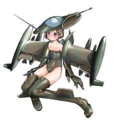 Rule 34 | 1girl, aircraft, airplane, bare shoulders, blush, boots, cessna dragonfly, flat chest, mecha musume, military, nano (nanosize), original, personification, short hair, simple background, solo, thigh boots, thighhighs, white background