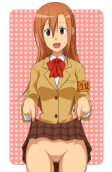 Rule 34 | 1girl, :d, armband, blazer, blush, border, bow, breasts, brown eyes, brown hair, censored, clothes lift, cowboy shot, female focus, goriate, heart, heart censor, jacket, lifting own clothes, long hair, looking at viewer, no panties, open mouth, outside border, plaid, plaid skirt, pleated, pleated skirt, pointless censoring, polka dot, polka dot background, pussy, school uniform, seitokai yakuindomo, shichijou aria, shirt, skirt, skirt lift, smile, solo, standing