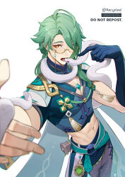 Rule 34 | 1boy, abs, absurdres, ahoge, animal, animal around neck, baizhu (genshin impact), changsheng (genshin impact), commentary, english commentary, english text, genshin impact, glasses, gloves, green hair, hair between eyes, highres, jewelry, long hair, looking at viewer, male focus, midriff, navel, open mouth, recycled, shirt, simple background, snake, twitter username, upper body, vision (genshin impact), white snake, yellow eyes