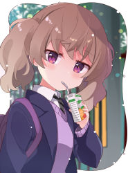Rule 34 | 1girl, bag, black necktie, blazer, blue jacket, blurry, blurry background, blush, bokeh, border, depth of field, diagonal stripes, dot nose, drink, drinking, drinking straw, drinking straw in mouth, eyes visible through hair, from side, hand up, hidejiu, highres, holding, holding drink, jacket, juice box, layered clothes, layered sleeves, light brown hair, light particles, long sleeves, looking at viewer, looking to the side, medium hair, necktie, outdoors, outside border, purple bag, purple eyes, purple sweater, rounded corners, school bag, school uniform, sea nyan, shoulder bag, slow loop, solo, striped, striped necktie, sweater, twintails, upper body, wavy hair, white border, wing collar, yoshinaga koi