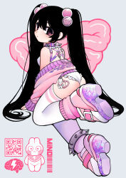 Rule 34 | 1girl, absurdres, ass, barcode, black hair, brain, closed mouth, collar, doll, high heels, highres, leotard, long hair, looking back, mino (kirarayakubou), original, pink eyes, pink sweater, qr code, solo, spiked anklet, spiked collar, spikes, sweater, thighhighs, twintails, white leotard, white thighhighs