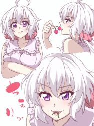 :t alternate_costume blush breasts cherry cherry_stem_knot cropped_arms cropped_legs crossed_arms eating emmxd325 food from_side fruit highres large_breasts long_hair looking_at_viewer open_mouth pink_ribbon purple_eyes ribbon senki_zesshou_symphogear twintails upper_body white_background yukine_chris