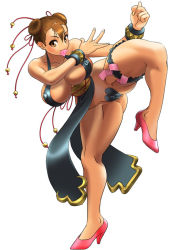 Rule 34 | 1girl, alternate costume, anus, bad id, bad pixiv id, bottomless, breasts, brown eyes, brown hair, capcom, chun-li, clitoris, condom, condom in mouth, condom packet strip, condom wrapper, cosine, covered erect nipples, double bun, hair bun, heart maebari, high heels, huge breasts, looking at viewer, maebari, mouth hold, no bra, no panties, pasties, pelvic curtain, pussy, revealing clothes, shoes, short hair, simple background, solo, standing, standing on one leg, street fighter, street fighter iv (series), thick thighs, thighs, uncensored, white background