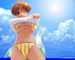 Rule 34 | 1girl, bikini, breasts, brown hair, cameltoe, day, huge breasts, large breasts, one eye closed, short hair, solo, striped bikini, striped clothes, swimsuit, underboob, undressing, vertical-striped bikini, vertical-striped clothes, yellow bikini