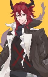 Rule 34 | 1boy, arknights, black jacket, chunta, hair between eyes, highres, hood, horns, infection monitor (arknights), jacket, long hair, open clothes, open jacket, parted lips, red eyes, red hair, sesa (arknights), simple background, solo, upper body, yellow background