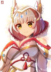 Rule 34 | 1girl, alternate breast size, animal ears, bare shoulders, breasts, chinchongcha, cleavage, crown, from above, gold trim, green eyes, highres, hood, large breasts, looking at viewer, nia (blade) (xenoblade), nia (xenoblade), rope, shimenawa, solo, spoilers, watermark, xenoblade chronicles (series), xenoblade chronicles 2, xenoblade chronicles 3