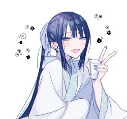 Rule 34 | 1girl, aqua nails, black hair, blue eyes, blunt bangs, blush, chinese clothes, cup, drinking glass, earrings, fate/grand order, fate (series), hair ribbon, hanfu, holding, holding cup, jewelry, jing ke (fate), katagiri (mighty swing), long hair, long sleeves, looking at viewer, open mouth, ribbon, sidelocks, simple background, smile, solo, upper body, v, white background, white ribbon