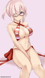 Rule 34 | 1girl, arm behind back, bad id, bad pixiv id, bare arms, bare legs, bare shoulders, between legs, bikini, black-framed eyewear, blush, breasts, cleavage, closed mouth, collarbone, commentary request, cosplay, criss-cross halter, fate/grand order, fate (series), hair over one eye, halterneck, hand between legs, invisible chair, large breasts, looking at viewer, mash kyrielight, navel, nero claudius (fate), nero claudius (fate) (all), nero claudius (swimsuit caster) (fate), nero claudius (swimsuit caster) (fate) (cosplay), one side up, pink background, pink hair, purple eyes, red bikini, red ribbon, ribbon, short hair, side-tie bikini bottom, sidelocks, simple background, sitting, solo, stomach, striped bikini, striped clothes, swimsuit, tasora, twitter username