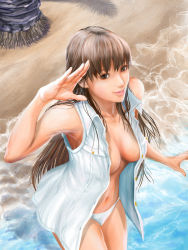 Rule 34 | 1girl, alternate costume, alternate hairstyle, beach, blurry, breasts, brown eyes, brown hair, dead or alive, dead or alive 5, depth of field, female focus, hair down, large breasts, lei fang, long hair, looking at viewer, naked shirt, open clothes, red eyes, shirt, sleeveless, smile, solo, topfreedom