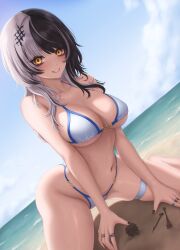 Rule 34 | 1girl, absurdres, bare shoulders, bikini, black hair, black nails, breasts, cleavage, collarbone, hair ornament, highres, hololive, hololive english, jdnyang, jewelry, large breasts, long hair, looking at viewer, multicolored hair, navel, outdoors, ring, shiori novella, smile, solo, split-color hair, swimsuit, thigh strap, two-tone hair, virtual youtuber, white bikini, white hair, yellow eyes