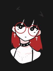 Rule 34 | 1girl, black background, black choker, black eyes, black hair, blunt bangs, choker, closed mouth, collarbone, commentary, cross, cross earrings, daikei 625, double-parted bangs, earrings, highres, jewelry, looking at viewer, medium hair, multicolored hair, necklace, original, red-framed eyewear, red hair, round eyewear, simple background, solo, spaghetti strap, studded choker, two-tone hair, upper body