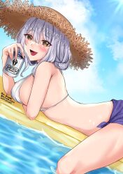 Rule 34 | 1girl, alcohol, arm under breasts, beer, beer can, blue sky, blush, breasts, brown hat, can, drink can, goddess of victory: nikke, grey hair, hat, highres, holding, holding can, hoshi naru, large breasts, open mouth, outdoors, scarlet (nikke), sideboob, sky, straw hat, swimsuit, wet, yellow eyes