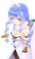 Rule 34 | 1girl, absurdres, animal ear fluff, animal ears, arms behind back, bad id, bad pixiv id, blue hair, braid, breasts, brown eyes, carrot, food-themed hair ornament, hair ornament, highres, hololive, looking to the side, pantyhose, rabbit ears, robotta, small breasts, solo, twin braids, usada pekora, usada pekora (1st costume), virtual youtuber