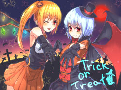 Rule 34 | 2girls, bat (animal), bat wings, black cape, black gloves, black hat, blonde hair, blue hair, borushichi, bow, bowtie, cape, commentary request, cross-laced clothes, elbow gloves, evening, fang, fang out, flandre scarlet, frilled sleeves, frills, ghost, gloves, hair ornament, halloween, hat, holding hands, jack-o&#039;-lantern, mini hat, mini top hat, miniskirt, moon, multiple girls, orange shirt, orange skirt, outstretched arm, pleated skirt, red bow, red bowtie, red eyes, red moon, remilia scarlet, shirt, short hair, short sleeves, side ponytail, skirt, sky, sleeveless, smile, star (sky), star (symbol), starry sky, tombstone, tongue, tongue out, top hat, touhou, trick or treat, underbust, wings